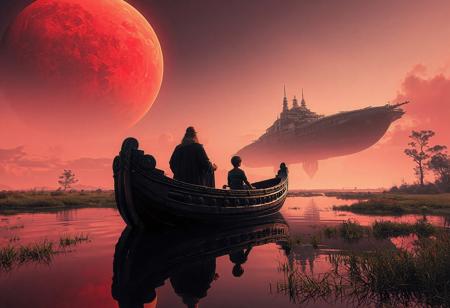 Ultra-detailed photorealistic scene shot on iPhone 12 style, Warhammer 40K universe. A serene river on a lush alien planet, water perfectly smooth like a mirror reflecting everything. A Viking-style wooden boat (almost black, intricately carved) carries two silhouettes – a man and his son gazing at the sky. The scene is bathed in eerie crimson light from a massive red gas giant dominating the sky. In the distance, a colossal Lunar Wolves battlecruiser hovers menacingly, its Gothic architecture and prow markings faintly visible. The composition emphasizes the stark contrast between the tranquil foreground and the looming war in the heavens. Ultra-HDR, cinematic lighting, hyper-realistic textures with subtle lens flare and natural noise for authentic smartphone photography feel.