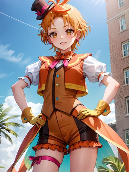 (extremely detailed CG), (best quality), 1girl, perfect face,  shiny skin, lustrous skin, wide hips, narrow waist,  <lora:CureWing-10:0.8> CureWing,vest, skirt, streaked hair, knee bots, puffy short sleeves,multicolored hair,thigh strap,mini top hat yellow gloves,puffy sleeves, orange footwear, short sleeves, shorts,bow orange eyes,top hat, orange glooves,mini hat,floves , earrings, orange hair, hands on hips, smile,standing