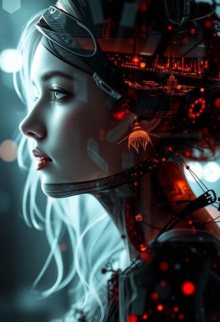 double exposure. fractal beauty, cyberpunk, Luis Royo, Thierry Cailleteau style, Olivier Vatine style, art Deco, datanoshing, ink v3, splash style, abstract art, abstract tech, 3D, high definition, photo realistic, specified, cybertech. 3D rendering, insane detail, soft light, real photo fujifilm superia, cinematic, full HD, taken on Canon EOS R5