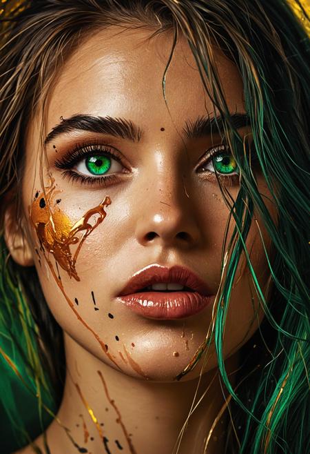 rating_safe, breathtaking detailed, masterpiece, absurdres, awe-inspiring, best quality, vibrant colors, extreme close-up of a woman's face, BREAK, intense focus on her (emerald-green eye) and soft, parted lips, BREAK, shadows of tangled hair strands cast across her skin, BREAK, (painterly textures) visible in the skin and hair, BREAK, soft gradients flowing across cheekbones and forehead, BREAK, (dynamic lighting) from a low sunset source, enhancing the highlights on her nose and lips, BREAK, cinematic contrast with deep shadows and glowing warm tones, BREAK, slightly abstract composition with the eye as a central focal point, BREAK, [ink splatter] and [paint splatter] elements around the edges of the frame, suggesting an unfinished canvas, BREAK, (expressive color) with muted reds in the lips and a subtle golden shimmer on the skin, BREAK, slight (oil painting) finish applied to the texture of the image, BREAK, hints of stylized anatomy in the curvature of the lips and the bold eyelashes, BREAK, [textured background] faded into a sepia-toned blur, BREAK, optional inclusion of faint charcoal smudges and soft brush strokes around the border  <lora:sdxl_ta86artstyle.safetensors:0.5:0.5>