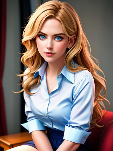 Realistic photo of a beautiful n1c0l3k-v2 woman,   1girl, solo, long hair, blue eyes, blonde hair, shirt, sitting, hair over one eye, english text, lips, dress shirt, realisticr, soft lighting, professional Photography, Photorealistic, detailed, RAW, analog, sharp focus, 8k, HD, DSLR, high quality, Fujifilm XT3, film grain, award winning, masterpiece<lora:n1c0l3k-v2:1.0>