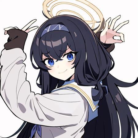 <lora:Goodbye Sengen:0.9>, goodbye sengen, simple background, ok sign, smile, (masterpiece, best quality:1), 1girl, solo, bags under eyes, bangs, black hair, blue eyes, halo, blue hairband, brown cardigan, long hair, white serafuku, white skirt, <lora:KozekiUiBlueArchive_10:0.7>