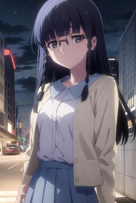 setsunashimazaki, <lora:setsuna shimazaki s1-lora-nochekaiser:1>,
setsuna shimazaki, long hair, bangs, (black eyes:1.5), black hair, braid, glasses, blunt bangs, twin braids, semi-rimless eyewear, under-rim eyewear,
BREAK shirt, blue shirt, collared shirt, cardigan, yellow cardigan, skirt, blue skirt,
BREAK outdoor, city, night, sky, buildings, moon, clouds,
BREAK looking at viewer, (cowboy shot:1.5),
BREAK <lyco:GoodHands-beta2:1>, (masterpiece:1.2), best quality, high resolution, unity 8k wallpaper, (illustration:0.8), (beautiful detailed eyes:1.6), extremely detailed face, perfect lighting, extremely detailed CG, (perfect hands, perfect anatomy),