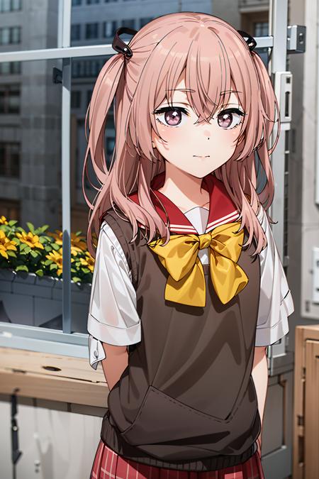 best quality, (masterpiece:1.2), detailed,
<lora:chara_SonoBisqueDoll_InuiSajuna_v1:0.8>, inui sajuna juju,
1girl, solo, closed mouth,
pink hair, pink eyes, long hair, two side up,
school uniform, sweater vest, black vest, red sailor collar, red skirt, yellow bow,
standing, (from angle:1.4), looking at the viewer,
outdoors, in front of school