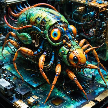 centipede made out of electronics and pc parts, mainboard, gpu, cpu, circuit, electronic resistor, condesator, whimsical photorealism, amazing depth, fantasy concept art, impressionist watercolor paint by Geoffroy Thoorens, James Christensen,  Russ Mills, intricate, cinematic lighting, highly detailed, smooth, sharp focus, perfect balanced style, amazing depth, complementary colors, sci-fi style, hyperdetailed, dark light, sinister masterwork by head of prompt engineering  <lora:SDXLFaeTastic2400:0.8>  <lora:hyperkraximalism_v1-1:0.6>