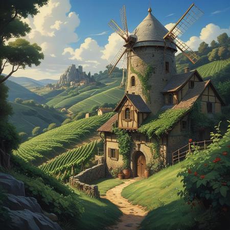 hyperrealistic art  a wanderer between worlds in flowing clothes, (epic landscape:1.5),  (style Ghibli drawing), (style Ghibli painting),best quality, masterpiece, extremely detailed,  professional  art,  professional painting, an extremely delicate and beautiful, dynamic,  great lighting, perfect shading, professional shading, depth of field,   side soft light, elegant, gorgeous, highly detailed,   full shot, uncropped,   pure genious, absolutely perfect,  highly detailed, breathtaking,
Vineyard on steep slate slopes, woodpecker cavity in trunk, horizontal windmill blades,miller adjusting sails , extremely high-resolution details, photographic, realism pushed to extreme, fine texture, incredibly lifelike, Cybernetic flora illustration style, blends plant life with cybernetic elements, dynamic and futuristic composition, professional-grade execution, captures the beauty of bio-mechanical fusion, evokes a sense of innovation and natural harmony