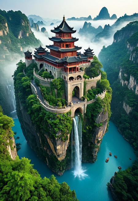 A breathtaking aerial view of an ancient floating 
Chinese citadel, suspended high above the clouds, Built upon sheer cliffs that plunge into misty depths below, the city radiates outward in intricate concentric layers, each level adorned with lush greenery, crystalline waterways, and grandiose stone bridges that connect the various sections of this celestial kingdom. The architecture is a mesmerizing blend of medieval fantasy and divine  Chinese artistry, with towering spires, ornate buttresses, and weathered stonework, giving the impression of an ancient civilization that has thrived here for centuries. At the heart of the citadel, a grand fountain adorned with glowing sapphire waters cascades into an elegant courtyard, surrounded by verdant gardens and elegant pathways lined with pagoda of the forgotten city. The city's outermost wall, an immense ring of towering arches and fortified bastions, stands as a testament to its impenetrable design, its aged stone entwined with creeping vines and radiant flora that thrive in the high-altitude sunlight. The surrounding landscape is dotted with more floating islands, each crowned with regal castles and winding stairways that disappear into the mist, creating a mesmerizing network of aerial sanctuaries. Below, cascading waterfalls spill from the edges of the cliffs, their shimmering streams merging into hidden lakes nestled within the abyss.