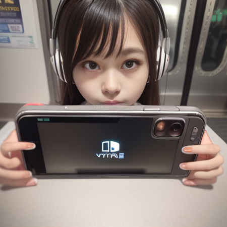 mtr,  by photographer, photorealistic, (photorealistic:1.2), masterpiece,   best quality,  depth of field,  (looking at viewer:1.9), shiny skin, blurry background, wearing watch, handbag, holding nintendo switch
, wearing wireless headphone