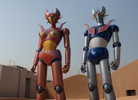 , a COUPLE (afrodit4 robot ) and mazinger 3d render, volumetric lighting, photorealistic  <lora:Mazingery02:.8>