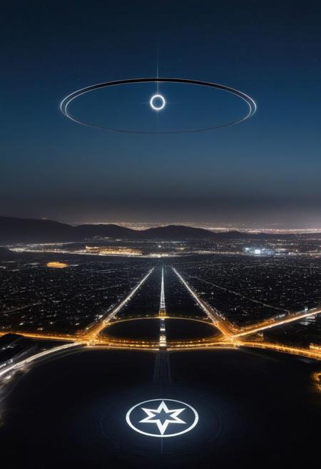 A stately pleasure-dome decree:
Aleph Tower, centre for the AI that rules the Human civilization, in a glittering city of glass and shining metal,
   bright sunlight under a pitch black sky.
So twice five miles of urban sprawl,
With walls and towers  girdled round;
In center: a black circle in bold lines intersected by a thick pentagram, five pointed star,
Photographer Reuben Wu Style