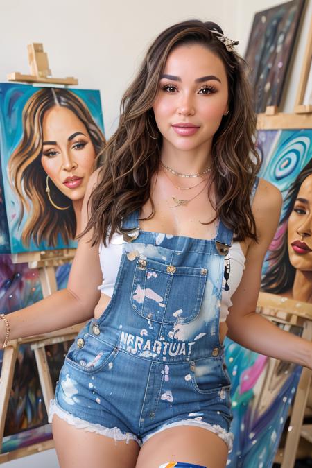 a photo of 8n8Cheri, ultrarealistic, photorealistic, 8k, dslr, makeup, jewelry, beautiful, perfect face, detailed skin, detailed face, detailed eyes, in an art studio, surrounded by easels and artwork, wearing overalls with paint stains, long messy hair, smock <lora:AnaCheriLoRA_v1-step00003000:0.9>
