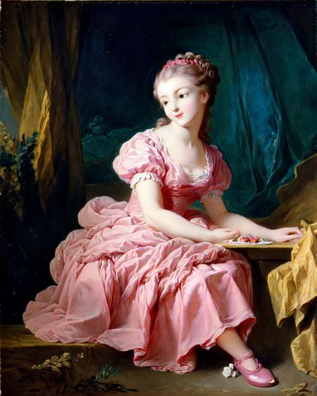 rococo, Fragonard, traditional_media, <lora:Fragonard_v1:0.7>,  apple, berry, cake, pink dress, woman