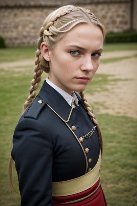 ground level outdoor photo of angry 25YO blonde French female with twinbraids wearing [XVII century] military uniform, bottom-view