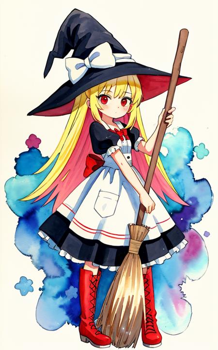 traditional media, marker_\(medium\),painting_\(medium\),
watercolor_\(medium\), simple_background, 1girl,witch,solo, full body,long hair, blonde hair, witch hat,red eyes,
holding broom,puffy sleeves,white_bow,dress,red_footwear,bow, short sleeves,boots,best quality,amazing quality,very aesthetic,absurdres,