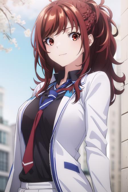 kaedekazama, <lora:kaede kazama s1-lora-nochekaiser:1>,
kaede kazama, long hair, bangs, (red eyes:1.3), ponytail, braid, sidelocks, red hair, smile,
BREAK skirt, shirt, long sleeves, school uniform, jacket, necktie, collared shirt, uniform, (black shirt:1.5), (white jacket:1.5), blue necktie,
BREAK indoors, classroom,
BREAK looking at viewer, (cowboy shot:1.5),
BREAK <lyco:GoodHands-beta2:1>, (masterpiece:1.2), best quality, high resolution, unity 8k wallpaper, (illustration:0.8), (beautiful detailed eyes:1.6), extremely detailed face, perfect lighting, extremely detailed CG, (perfect hands, perfect anatomy),