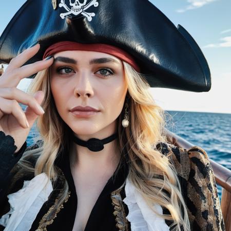 Skin Texture, Instagram iPhone Portrait photo of a woman wearing a pirate outfit on the open seas, Nikon Z9, (sharp focus), (high quality), chxmrtz,  <lora:chmoretz_juggerX_xl_1_wocap-chxmrtz-000137:1.0>