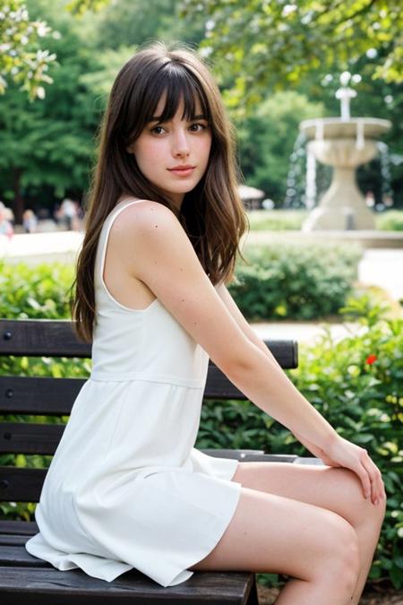 a cute college girl with brunette hair, sitting on a bench, (white dress), pale skin, bangs, freckles, blush, detailed skin, pouting, innocent, petite, fountain, trees, flowers, natural lighting, warm tones, string lights, film grain, bokeh, Porta 160 color, shot on ARRI ALEXA 65, sharp focus on subject, Fujifilm XT-3, explicit, nsfw, <lora:picxer_real:0.8>