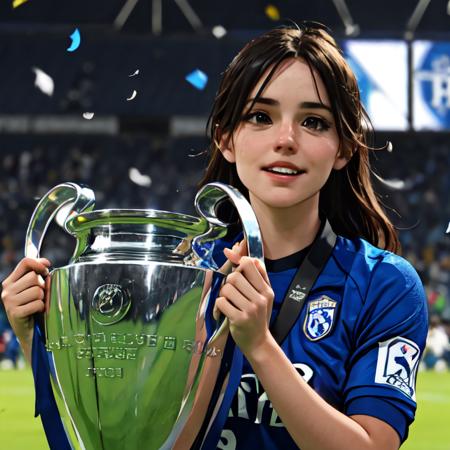 <lora:championsleague:0.75>, a woman with soccer jersey is holding a handled trophy with black and blue ribbons in her hands on a field of grass with a crowd watching from the stands, confetti