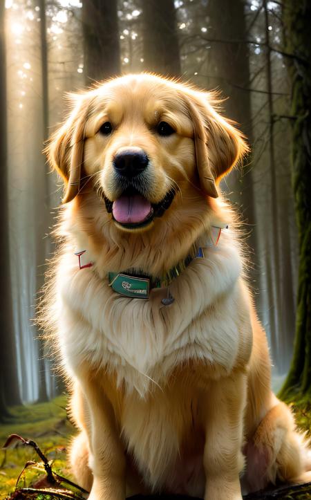 Pop Art style ((best quality)), ((masterpiece:1.2)), (detailed:1.2), Close-up of a Golden Retriever's fur, illuminated by the soft glow of sunrise in a misty forest clearing. The tranquil ambiance and misty atmosphere highlight the dog's peaceful demeanor in a serene natural setting.
<lora:epi_noiseoffset2:1>  . Bright colors, bold outlines, popular culture themes, ironic or kitsch