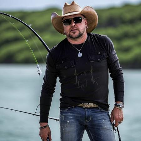 jasonaldean person (crying) (tears) (terrified shocked facial expression) (holding a fishing rod for spear fishing)