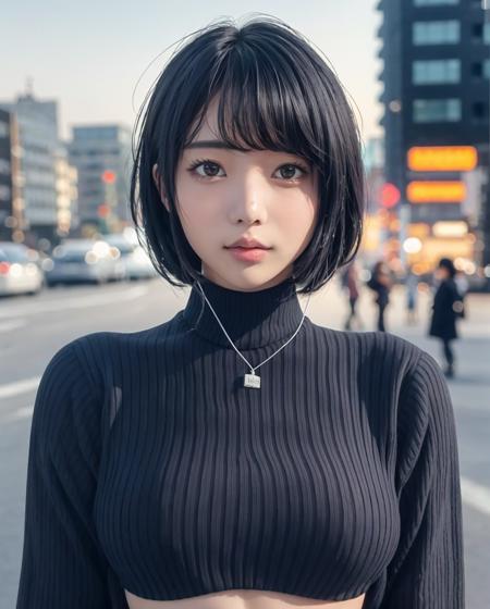 pureerosface_v1:0.24, best quality, photorealistic, 8k, high res, 1girl, woman, (skindentation), (portrait:0.6), ((cityscapebackground:1.62)), full color, ((smallsize round breast, highneck sweater:1.5)), straight-looking at viewer:1.8, (1girl eyes looking at viewer:1.55), (long hair, blackhair, partedbangs:1.45), (bokeh),   <lora:CBAV-kaoru:0.7>