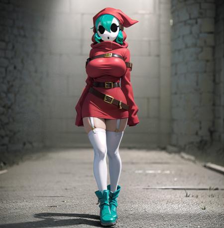 solo focus, foreground focus, 1girl, dress, hood, mask, hollow eyes, hood up, red dress, boots, brown belt, green hair, white thighhighs, garter straps, blue footwear (sleeves past fingers, sleeves past wrists), large breasts, (hands in pockets)