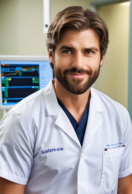 (masterpiece, cowboy shot, best quality:1.2), man, facial hair, solo, 1boy, smirk, (depth of field:1.1), , photo of man, doctor, at the hospital, labcot, dress shirt, white shorts, masterpiece, perfect face, perfect picture, detailed eyes, sharp focus,High detailed view<lora:EMS-335313-EMS:1.000000>