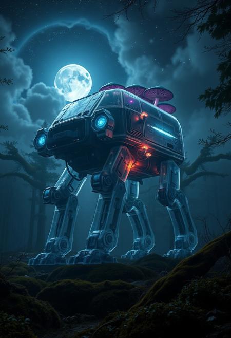In the heart of an ancient, mystical forest, bathed in the eerie glow of a moon concealed behind thick, swirling clouds, strides a colossal translucent at-st Scout Walker. Its massive mechanical legs thunder across the moss-covered ground as it moves effortlessly through the landscape, its transparent body nearly vanishing in the vast expanse of stars above. The walkers form is translucent, barely visible against the endless cosmic canvas, with starlight piercing through its ethereal silhouette, casting a soft glow from within. The faintly shimmering Scout Walker takes on hues of deep blue and violet, refracting the distant starlight as it moves.
Soft, iridescent mushrooms, glowing faintly in deep purple and emerald hues, sprout from the back of the massive beast, casting brief flickers of light that dance across the shadows of the forest floor. Its eyes, luminous and full of ancient wisdom, gleam as they gaze out from the shifting form, reflecting the brilliance of distant galaxies.
The forest around it stretches endlessly, a labyrinth of twisted, ancient trees wrapped in dark, velvety moss, their branches reaching toward the sky like shadowed fingers. Hints of deep turquoise and dark purple swirl in the air, blending into the atmosphere, as though the entire realm is bathed in a palette of deep, enchanted twilight. The walkers silhouette moves gracefully through this dreamlike landscape, a serene giant in the midst of the cosmic night.