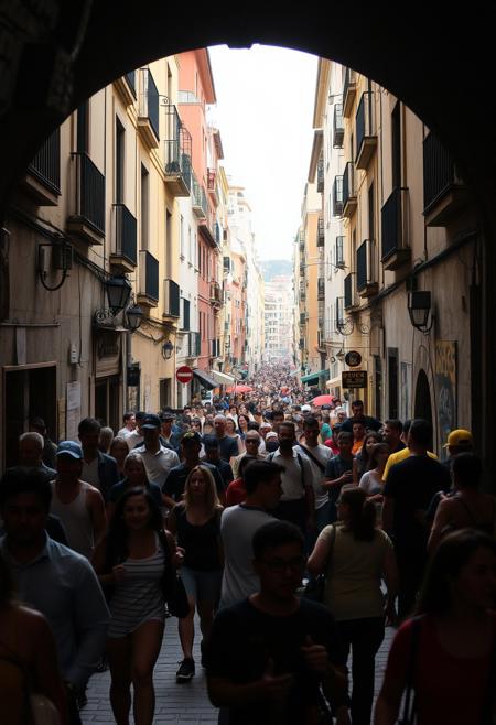 "A humorous scene in a make a tunnel that crosses the entire city.Spanish people  The scene is chaotic but full of energy and fun