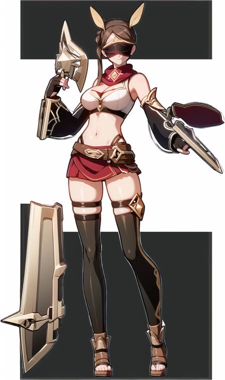 1girl, solo, holding, thighhighs, weapon, full body, gloves, white background, simple background, mask, navel, breasts, holding weapon, dual wielding, toeless footwear, standing, midriff, black gloves, brown hair, short hair, black thighhighs, medium breasts, detached sleeves, closed mouth, shorts, black hair, bangs, bare shoulders, fingerless gloves, toeless legwear, blindfold, brown thighhighs, crop top, scarf, jewelry, mouth mask, sandals, looking at viewer, brown footwear