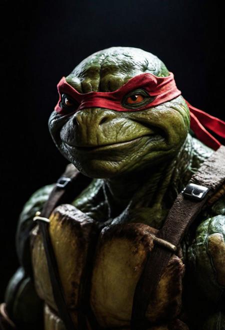 Close-up, (teenage mutant ninja turtles ), grim smile, relaxed pose, portrait movie shot, serious, menacing, chiaroscuro style photo, dark background, minimalism, dramatic lighting, professional quality, dull highlights and shadows, natural and   original, laser eyes