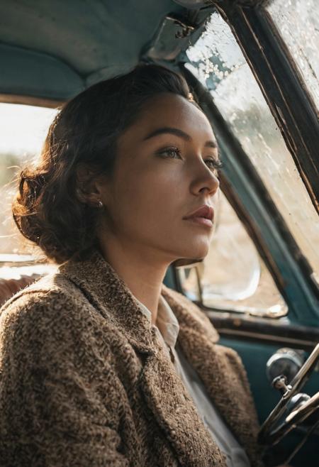 A woman sits inside a vintage car, her face turned away, with sunlight filtering through the cracked windshield, creating a cinematic, close-up shot. Captured with a Canon EOS 5D Mark IV and an EF 24-70mm f/2.8L II lens, the image is grainy and noisy, giving it a low-quality, nostalgic aesthetic that complements the car's rusty, aged look.