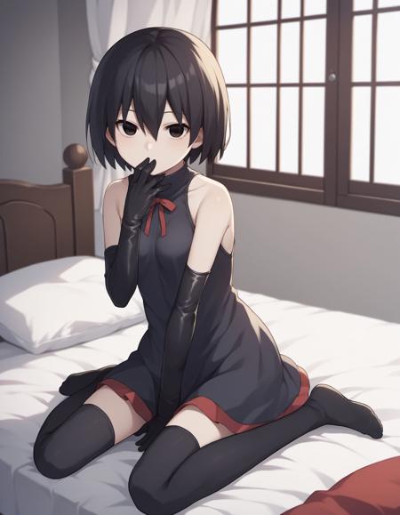 score_9, score_8_up, score_7_up, score_6_up, score_5_up, score_4_up, source_anime, BREAK
OshinoOugi, 1girl, thighhighs, solo, dress, gloves, black dress, elbow gloves, black gloves, on bed, hand to own mouth, sitting, two-sided skirt, bed, looking at viewer, black thighhighs, sitting on bed, bare shoulders, sleeveless, hair between eyes, sleeveless dress, wariza, two-sided fabric, breasts, ribbon, hand between legs, no shoes, between legs, indoors, seiza
<lora:OshinoOugi_PD6XL:1>