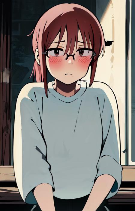 masterpiece, absurdres, <lora:kobayashi:1>kobayashi, 1girl, solo, blush, bangs, hair between eyes, brown eyes, ponytail, sidelocks, glasses,  <lora:ghibli_style_offset:.5>