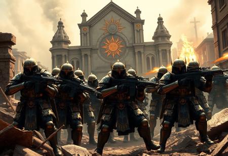 In the midst of a war-torn city, a squad of armored warriors stands firm, defending the Church of the Blazing Sun. Their armor, a blend of medieval craftsmanship and modern combat gear, shines with golden sun motifs, reflecting the divine light from the radiant church behind them. The warriors, armed with powerful rifles and machine guns, brace for the next wave of attackers.
Crouched behind crumbling walls and debris, they keep their guns trained on the advancing enemy forces. Some take position at the church’s shattered columns, machine guns resting on makeshift barricades. Their weapons, marked with the sun's insignia, emit bursts of gunfire as they fire with precision, keeping the enemy at bay.
The church looms large in the background, its blazing sun symbol glowing fiercely amidst the smoke and destruction. Flames flicker in the distance, casting long shadows over the warriors as they stand united, their devotion unwavering. With disciplined movements and sharp coordination, they prepare to defend the sacred ground from being overtaken.
As the battle rages, the warriors' rifles echo through the broken streets, a symbol of their enduring resolve to protect the Church of the Blazing Sun against the chaos surrounding them.