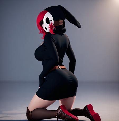 3d, blender, solo focus, foreground focus, 1girl, dress, hood, mask, hollow eyes, hood up, black dress, brown belt, thighs, white boots, red hair, hair over one eye (sleeves past fingers, sleeves past wrists), large breasts, (from behind, kneeling, leaning forward, looking back, looking at viewer, ass)