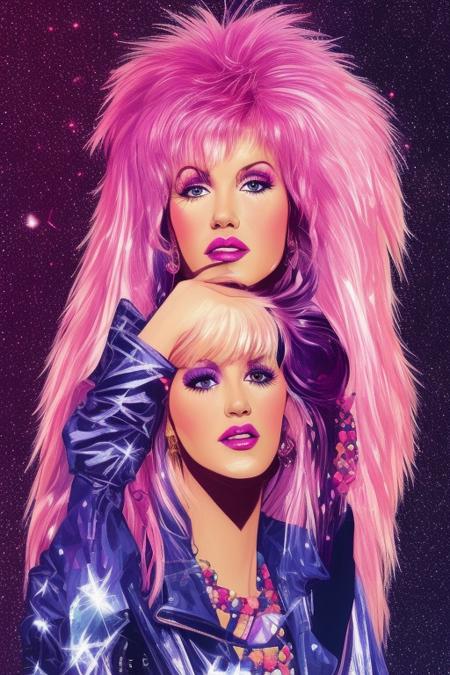 illustration style, Jem and the Holograms, portrait, 1980s, Rock star, 1girl, solo, sparkling glitter background, art by artgerm, wlop, ring light,  duskgem