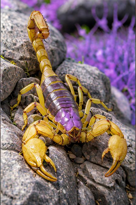 (Realistic:1.5) EdobScorpion, rock, leaf, barefoot, gauntlets, joints, purple theme, border, robot, 1girl, joints, <lora:EdobScorpionPhotoReal_v1.0:0.8>