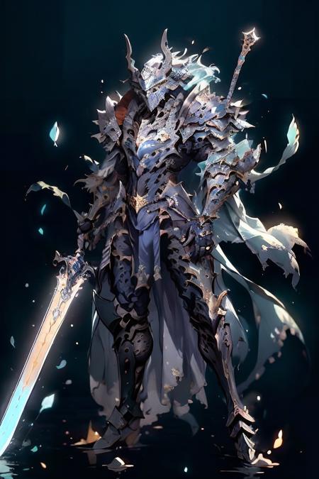 (masterpiece, top quality, best quality, official art, beautiful and aesthetic:1.2),(8k, best quality, masterpiece:1.2),CGDivineSwordsw, weapon, armor, solo, holding, horns, glowing, sword, 1boy, holding weapon, planted, male focus, glowing weapon, standing, helmet, gauntlets, holding sword, glowing sword, planted sword, shoulder armor, gradient, gradient background, greaves, pauldrons, (blue glow:1.3), <lora:CGDivineSwordsw_20230611172159:1>