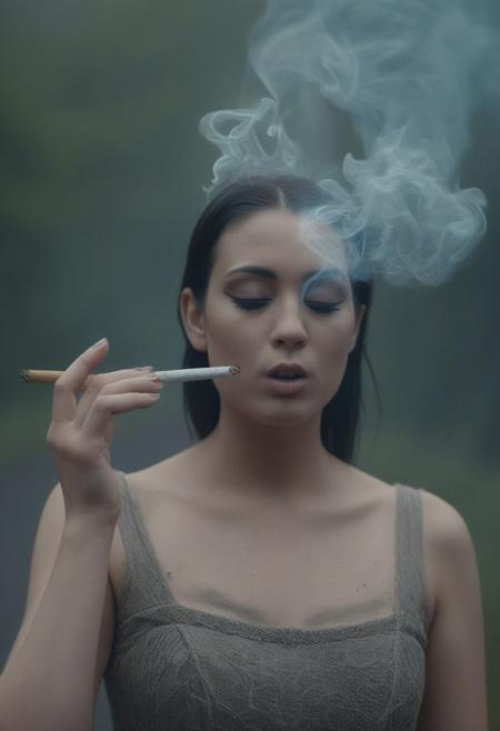 a young woman takes a drag of her cigarette and exhales a stream of smoke, the figures on her skin walk in an endless journey