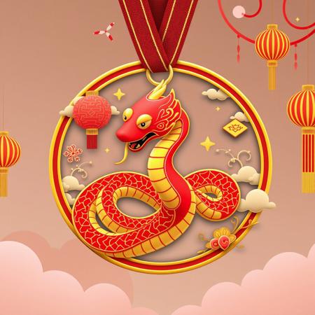 Generate a medal with the theme of “Snake Year Spring Festival,” and the design should meet the following criteria:
Theme-appropriate design: The central focus of the medal should feature a beautifully and smoothly designed snake representing the Snake zodiac year. It can incorporate traditional Chinese cultural elements, such as clouds, lanterns, couplets, firecrackers, etc., to reflect the festive atmosphere of the Spring Festival.
Reflect the UI style of the site "hdkyl": Please refer to the UI design style of the site "hdkyl," using a color scheme primarily of red, gold, and yellow. The design should combine simplicity with elegance, presenting a modern yet festive feel that blends technology with traditional holiday elements.
No real people, real-world scenes, or AI-generated people: The design should not include any real human figures or real-world scenes. Focus on showcasing the elements of the Spring Festival and the symbolism of the Snake zodiac year, avoiding real-life people or scenes.
No inappropriate elements: Avoid any disturbing elements such as blood, horror, pornography, or distorted, unnecessary limbs, and meaningless text.
