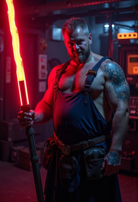 cyberpunk, extremel detailed raw nighttime night photograph, character in dark shadows neonlit rimlight,  arthouse romance film scene, cinematic atmosphere dark gloomy atmosphere, hyperrealistic digital rennaissance oil painting, by gengoroh tagame and jiraiya and goh fujimoto, dark room at night, german bavarian mature manly hairy musclechub man, huge muscular steroid arms, tanned sweaty oiled skin, big hairy belly, very hairy body, detailed bodyhair, blonde brown short hair, in evil scifi hypermodern science lab full of advanced machinery, he is holding a large  glowing  red zweihander claymore sword that emits strong magic energy, dark purple and orange neonlights, he exudes a powerful dark aura, he is wearing a dark blue fullbody overall with suspenders and a toolbelt with many leather pockets, brown leather bracers, scottish kilt, heavy metal rock musci vibes, looking at the viewer with a shy cute loving caring expression, gentle smile