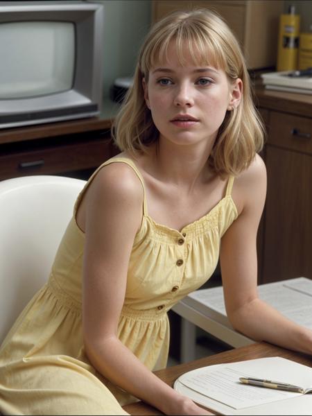a woman sitting at a table talking on a cell phone, inspired by Winona Nelson, featured on reddit, screenshot from the 1983 film, beautiful blonde girl, wearing a sundress, young teen, shoulder pads, tv commercial, deep in thought, wearing a yellow dress, diary on her hand, 9 0 - s fashion, screencap, gwen stacy