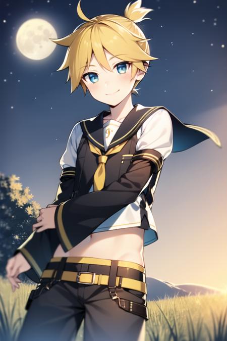 masterpiece, best quality, <lora:KagamineLenV1:0.7>, 1boy, sailor_collar, Kagamine_Len, yellow hair, (8k:0.7), (detailed Background of a meadow:0.7), (dusk:0.6), moon, smile, short pants and sleeve