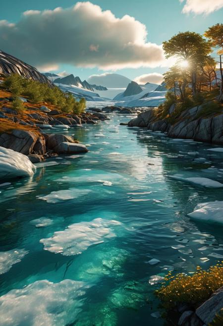 (ultra high res:1.4), (masterpiece), (beautiful lighting:1.4) , greenland greenery,  greenland river, icy water water, forest, Greenlandic homes and cabins,  sunlight illuminates the icy water, (deep underwater), anime, above water, (clear underwater), beautiful sky with clouds,  depth