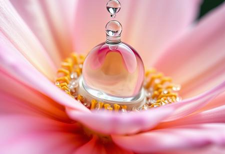 Macro photography, high-speed shot of a large water droplet, transparent and spherical, falling onto a delicate flower, petals shattering on impact, fragments flying in all directions, soft natural lighting, shallow depth of field, blurred background, highly detailed, 8K, DSLR, 100mm macro lens, f/2.8 aperture, ultra detailed, motion blur, bokeh, detailed texture, intricate details.