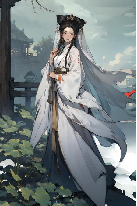 Baisuzhen white hanfu oil-paper umbrella veil