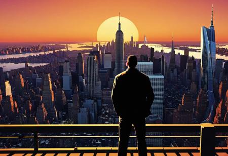 Incredibly Detailed Accurate Picture Of The New York City Skyline, With A Niko Bellic silhouette Standing In Front of It