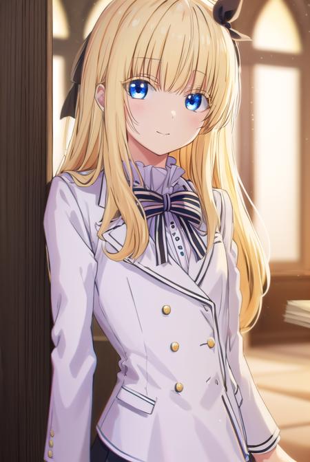 julietpersia, <lora:juliet persia s1-lora-nochekaiser:1>,
juliet persia, long hair, bangs, blue eyes, blonde hair, black ribbon, black bow, hair ribbon, hair bow, smile,
BREAK skirt, shirt, thighhighs, long sleeves, school uniform, jacket, white shirt, pleated skirt, shoes, striped, miniskirt, bowtie, black skirt, red bow, zettai ryouiki, black ribbon, garter straps, blazer, (white jacket:1.5), striped bow, striped bowtie,
BREAK indoors, classroom,
BREAK looking at viewer, (cowboy shot:1.5),
BREAK <lyco:GoodHands-beta2:1>, (masterpiece:1.2), best quality, high resolution, unity 8k wallpaper, (illustration:0.8), (beautiful detailed eyes:1.6), extremely detailed face, perfect lighting, extremely detailed CG, (perfect hands, perfect anatomy),