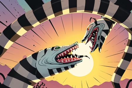 <lora:beetlejuiceSandy:.75>  sammie sandworm, snake, (no humans),open mouth, tongue, teeth, kawaii, sunset, mojave desert, (best illustration), (beetlejuice), kawaii, (masterpiece, best illustration), (dynamic angle),pov ,